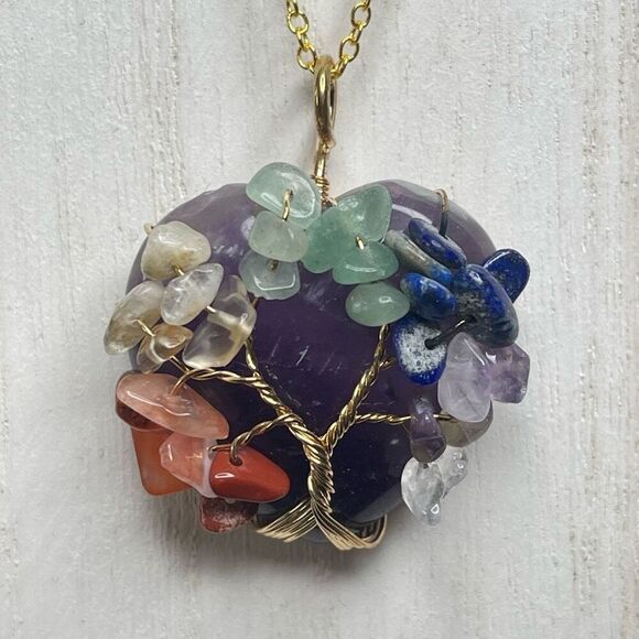 Tree Of Life chakra pendant crystal healing reiki heart amethyst gold tone chain - Picture 9 of 10